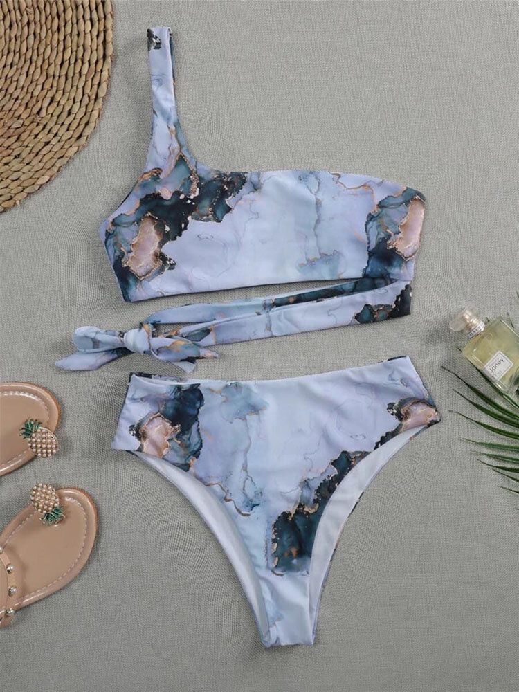 Kontrastfärg Tie Dye Print En Axel Knuten Hög Midja Dam Beach Bikini