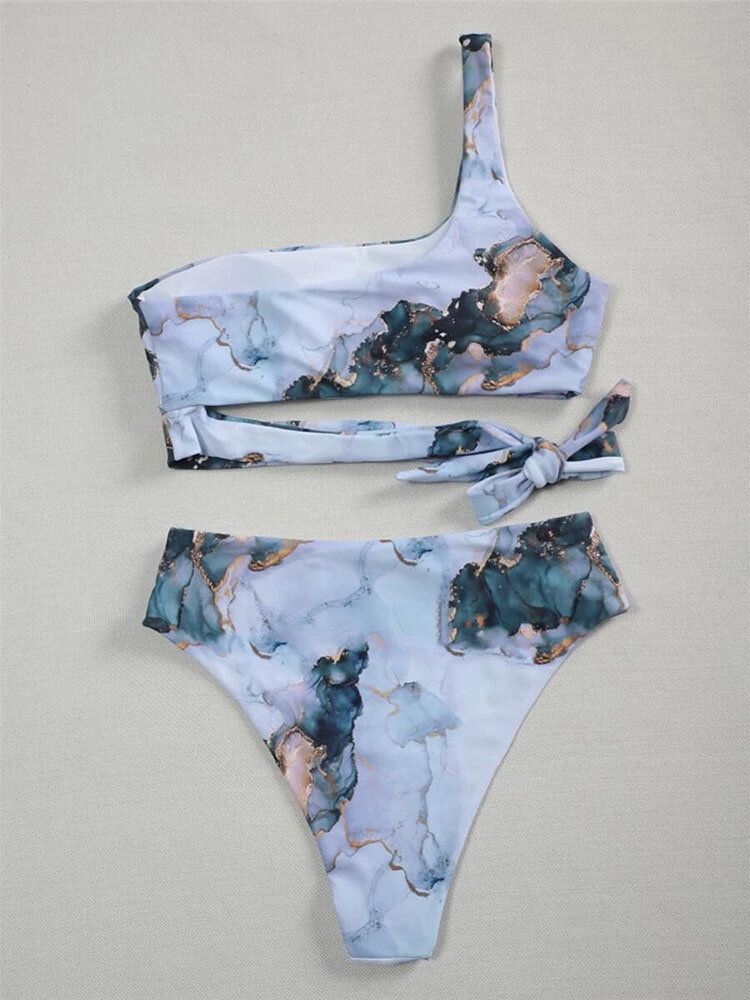 Kontrastfärg Tie Dye Print En Axel Knuten Hög Midja Dam Beach Bikini