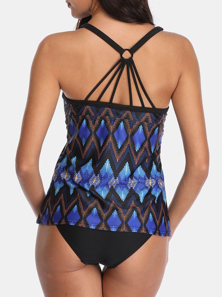 Kvinnor Etnisk Stil Geometriskt Tryck Backless Tankini Cover Belly Baddräkter