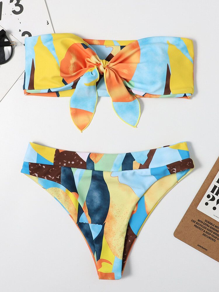 Kvinnor Färgglada Slips Fram Bandeau Axelbandslösa Bikinis Med String