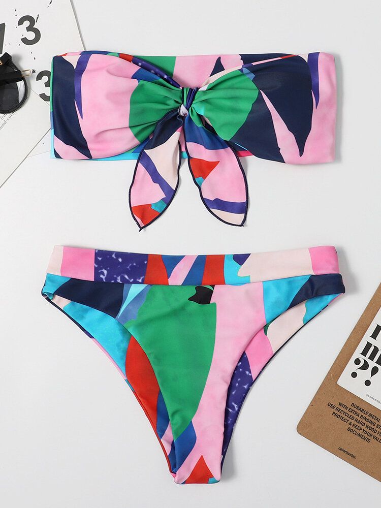 Kvinnor Färgglada Slips Fram Bandeau Axelbandslösa Bikinis Med String