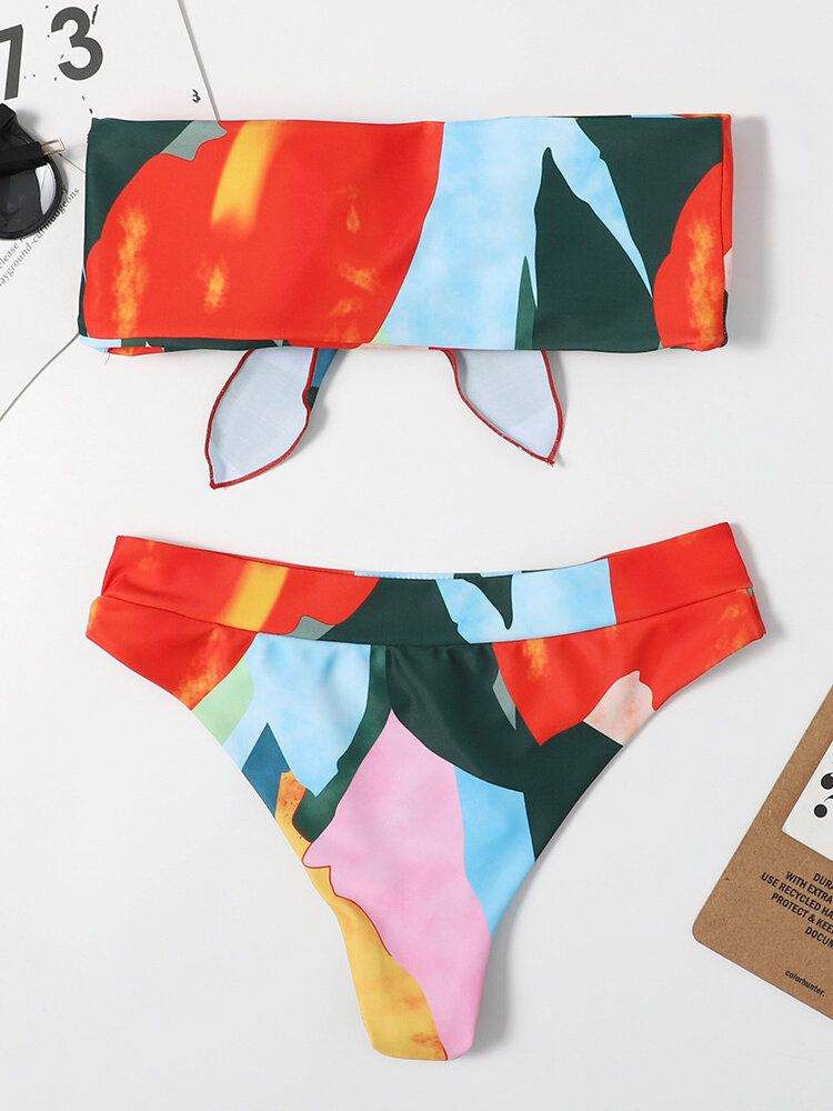 Kvinnor Färgglada Slips Fram Bandeau Axelbandslösa Bikinis Med String