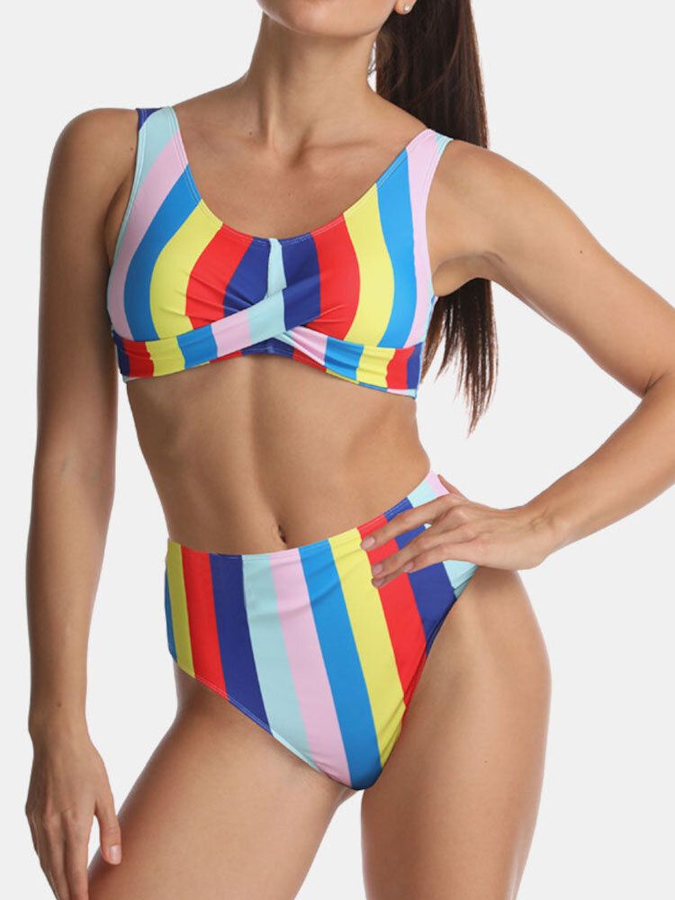 Kvinnor Multicolor Stripe Vikveckade Breda Remmar Bikinisbaddräkt Med Hög Midja