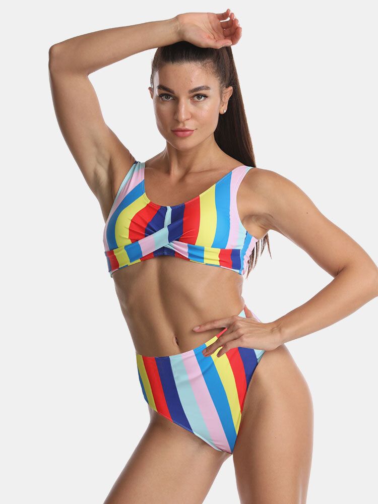 Kvinnor Multicolor Stripe Vikveckade Breda Remmar Bikinisbaddräkt Med Hög Midja