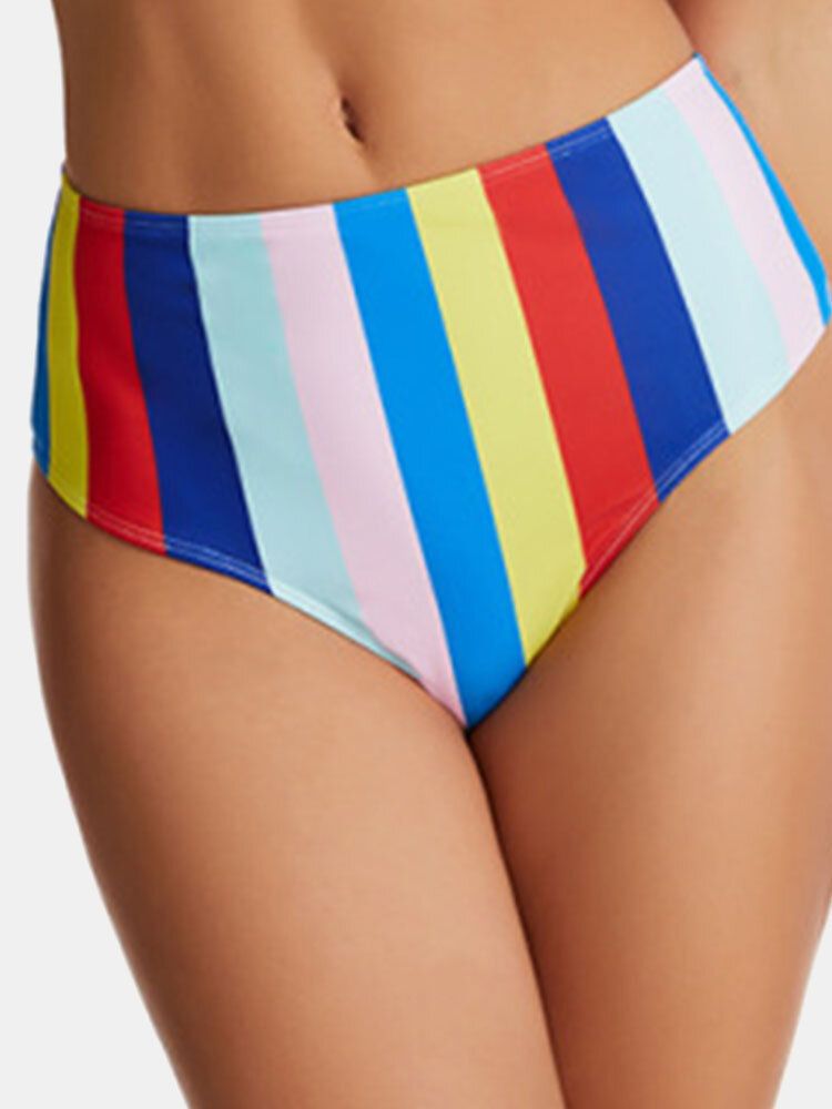 Kvinnor Multicolor Stripe Vikveckade Breda Remmar Bikinisbaddräkt Med Hög Midja