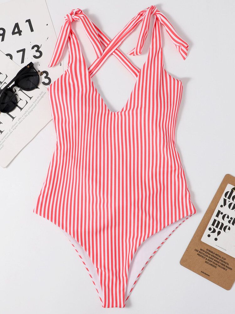 Kvinnor Pinstripe Criss Cross Back Söt Rosett Axel One Piece Slimming Baddräkt