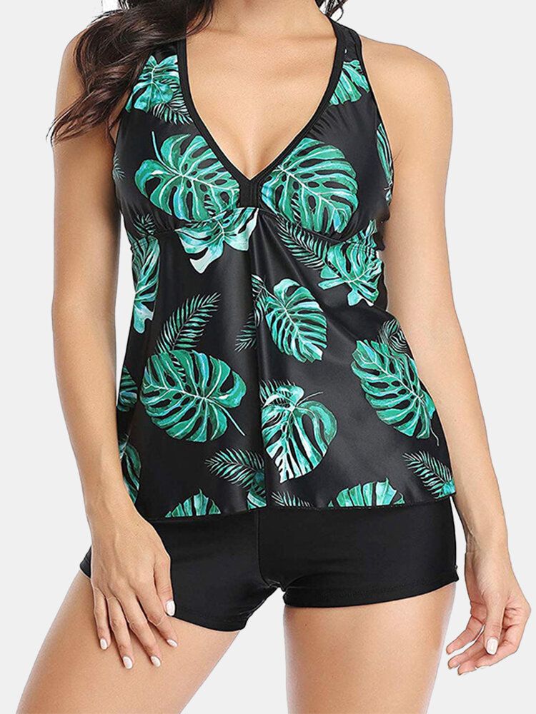 Kvinnor Plant Print Cover Belly Tankini Hawaii Holiday Badkläder