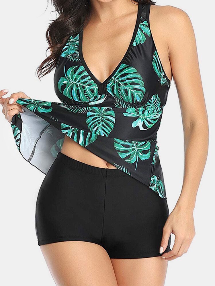 Kvinnor Plant Print Cover Belly Tankini Hawaii Holiday Badkläder