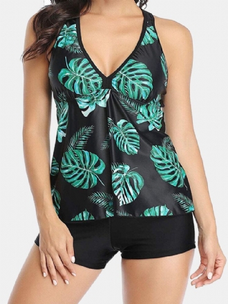 Kvinnor Plant Print Cover Belly Tankini Hawaii Holiday Badkläder