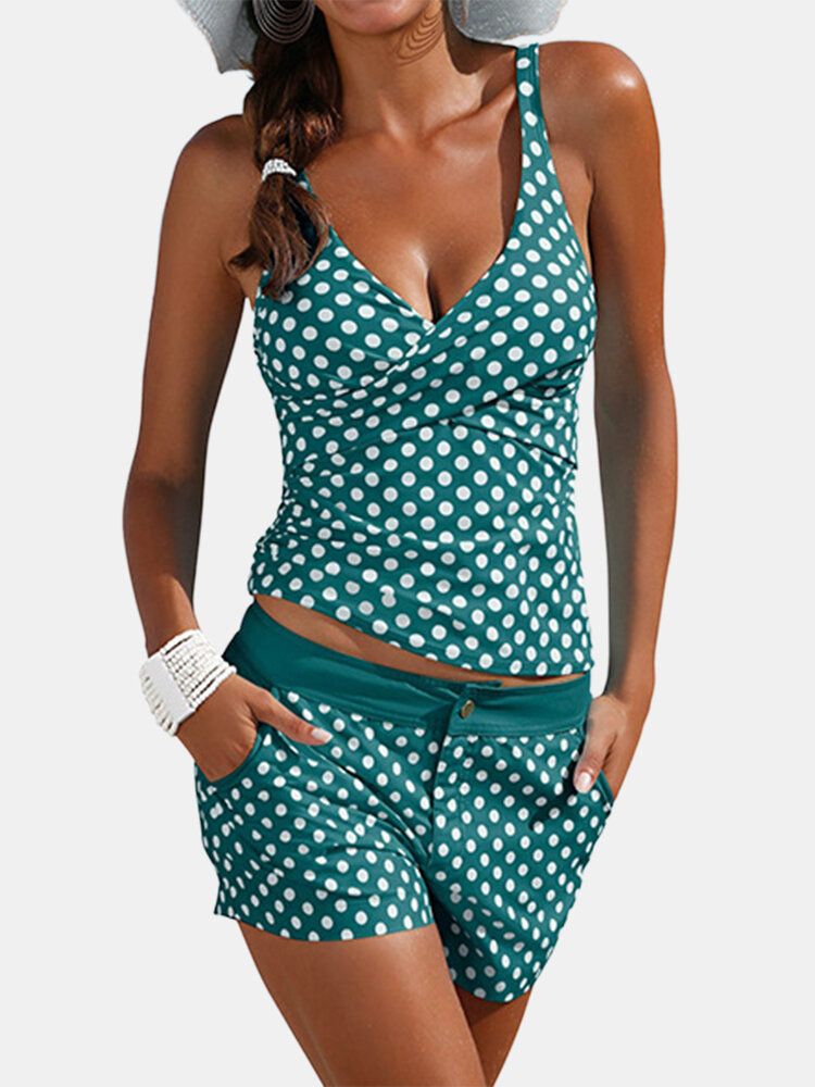 Kvinnor Polka Dot Breda Straps Twisted Cover Belly Tankini