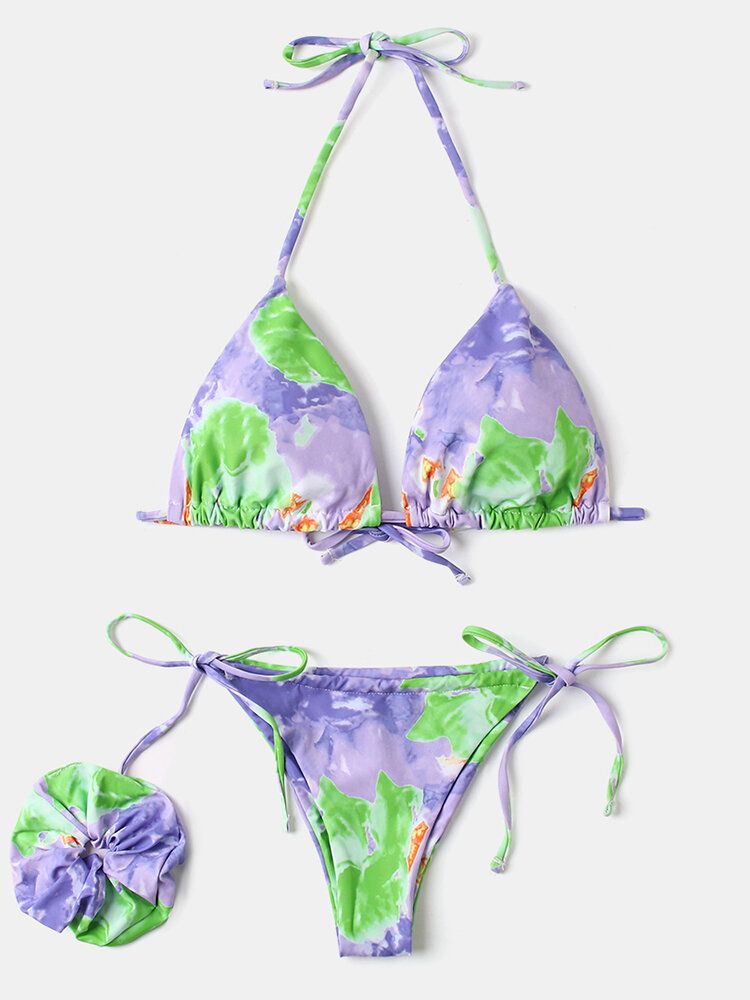 Kvinnor Tie Dye Triangel Haltersnöre Micro Bikinis Baksidor Strandkläder Med Handring