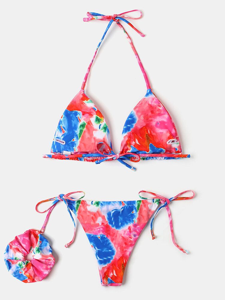 Kvinnor Tie Dye Triangel Haltersnöre Micro Bikinis Baksidor Strandkläder Med Handring