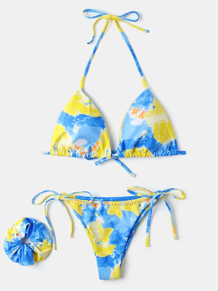 Kvinnor Tie Dye Triangel Haltersnöre Micro Bikinis Baksidor Strandkläder Med Handring