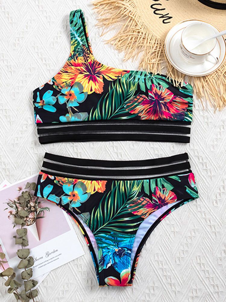 Plant Leaf Tropical Print One Shoulder Mesh Trim Bikinis High Waisted Baddräkt