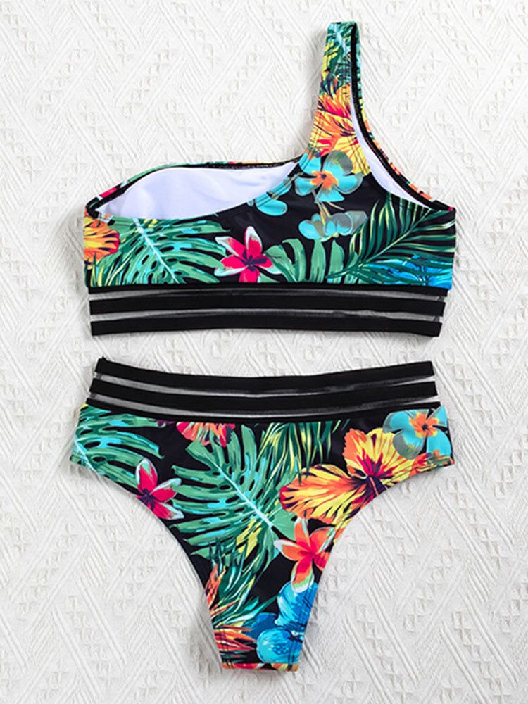 Plant Leaf Tropical Print One Shoulder Mesh Trim Bikinis High Waisted Baddräkt