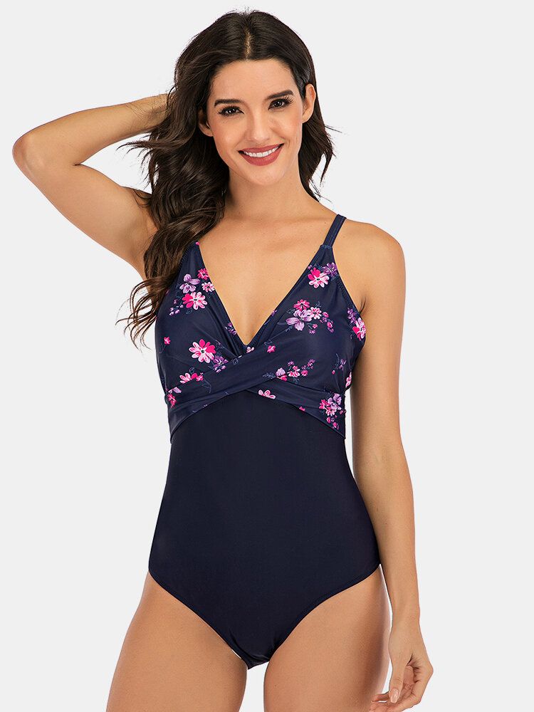 Plus Size Dam Blommönster Splice Skinny Fit One Piece Badkläder