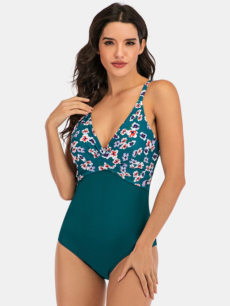 Plus Size Dam Blommönster Splice Skinny Fit One Piece Badkläder