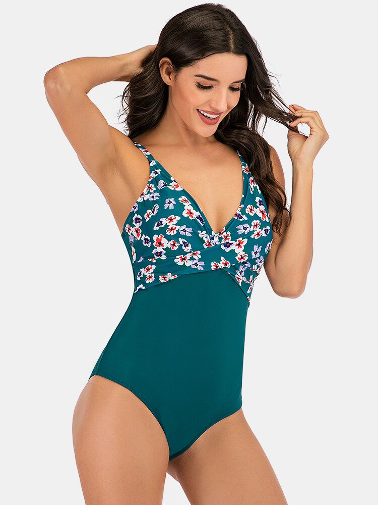 Plus Size Dam Blommönster Splice Skinny Fit One Piece Badkläder