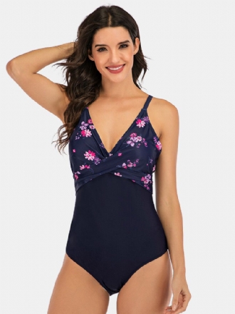 Plus Size Dam Blommönster Splice Skinny Fit One Piece Badkläder