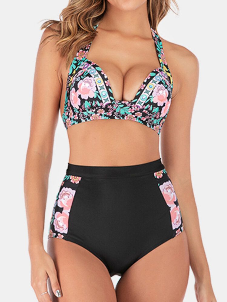 Plus Size Dam Floeal Print Patchwork Bikini Med Hög Midja Rygglösa Badkläder