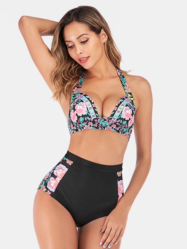 Plus Size Dam Floeal Print Patchwork Bikini Med Hög Midja Rygglösa Badkläder