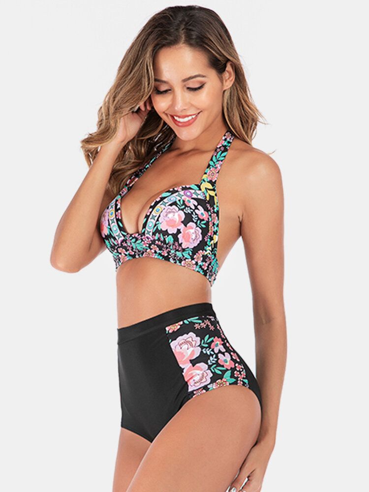 Plus Size Dam Floeal Print Patchwork Bikini Med Hög Midja Rygglösa Badkläder