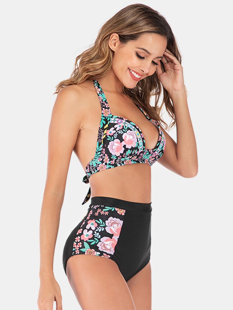 Plus Size Dam Floeal Print Patchwork Bikini Med Hög Midja Rygglösa Badkläder