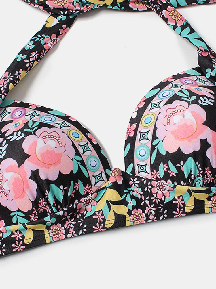 Plus Size Dam Floeal Print Patchwork Bikini Med Hög Midja Rygglösa Badkläder