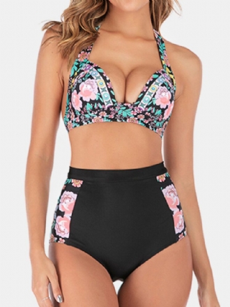 Plus Size Dam Floeal Print Patchwork Bikini Med Hög Midja Rygglösa Badkläder