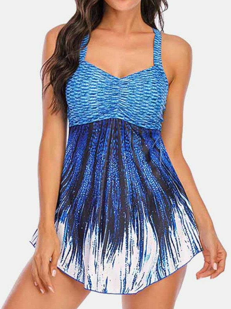 Plus Size Dam Ombre Wave Print Backless Cover Belly Swimdress Beachwear