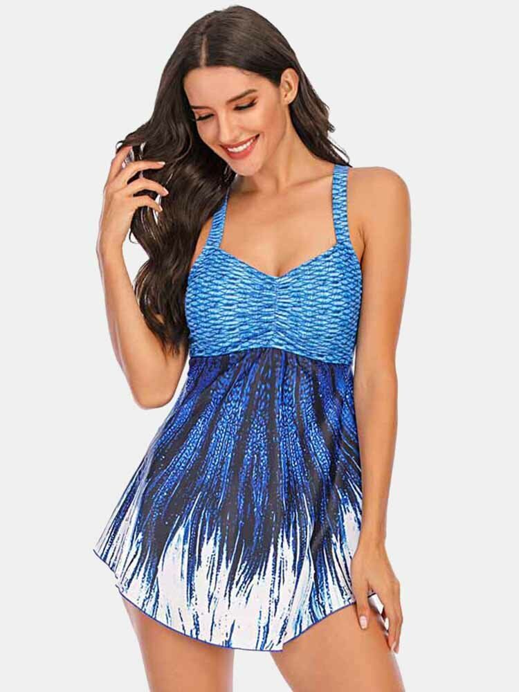 Plus Size Dam Ombre Wave Print Backless Cover Belly Swimdress Beachwear