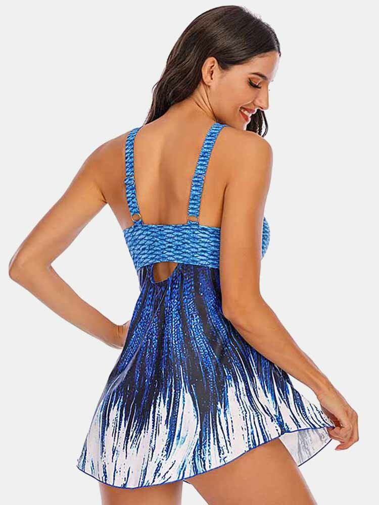 Plus Size Dam Ombre Wave Print Backless Cover Belly Swimdress Beachwear