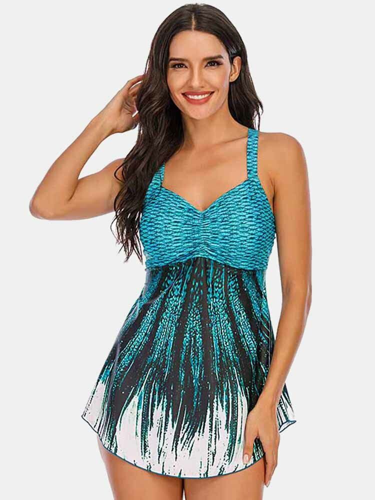 Plus Size Dam Ombre Wave Print Backless Cover Belly Swimdress Beachwear