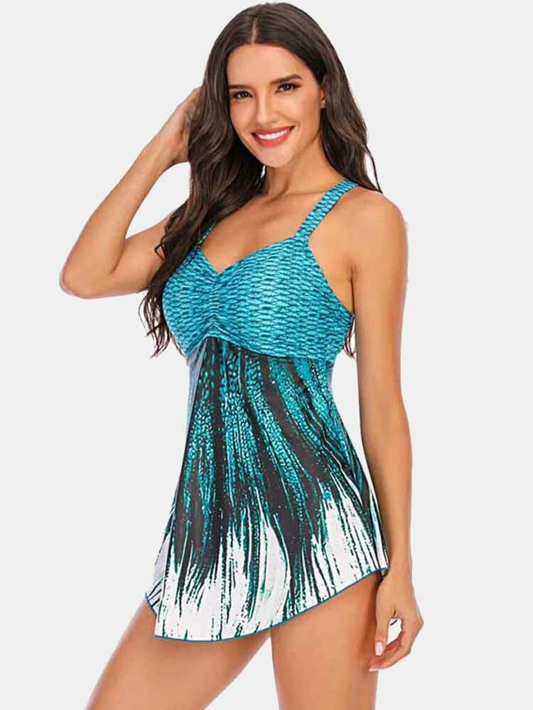 Plus Size Dam Ombre Wave Print Backless Cover Belly Swimdress Beachwear