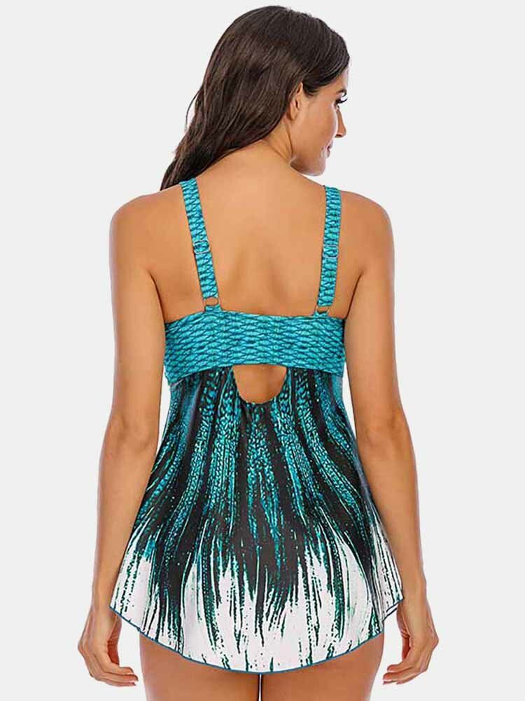 Plus Size Dam Ombre Wave Print Backless Cover Belly Swimdress Beachwear