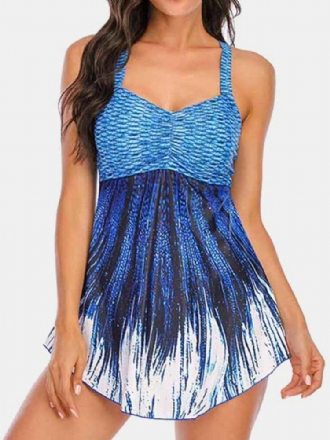 Plus Size Dam Ombre Wave Print Backless Cover Belly Swimdress Beachwear