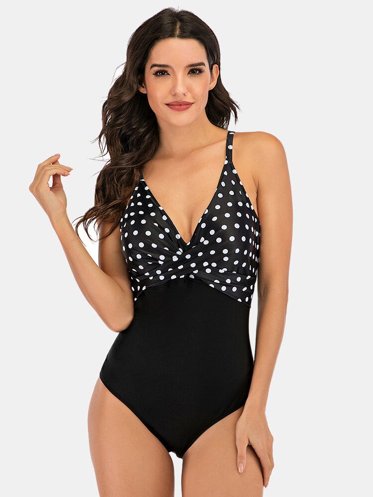 Plus Size Dam Polka Dot Print Splice Skinny Fit One Piece Badkläder