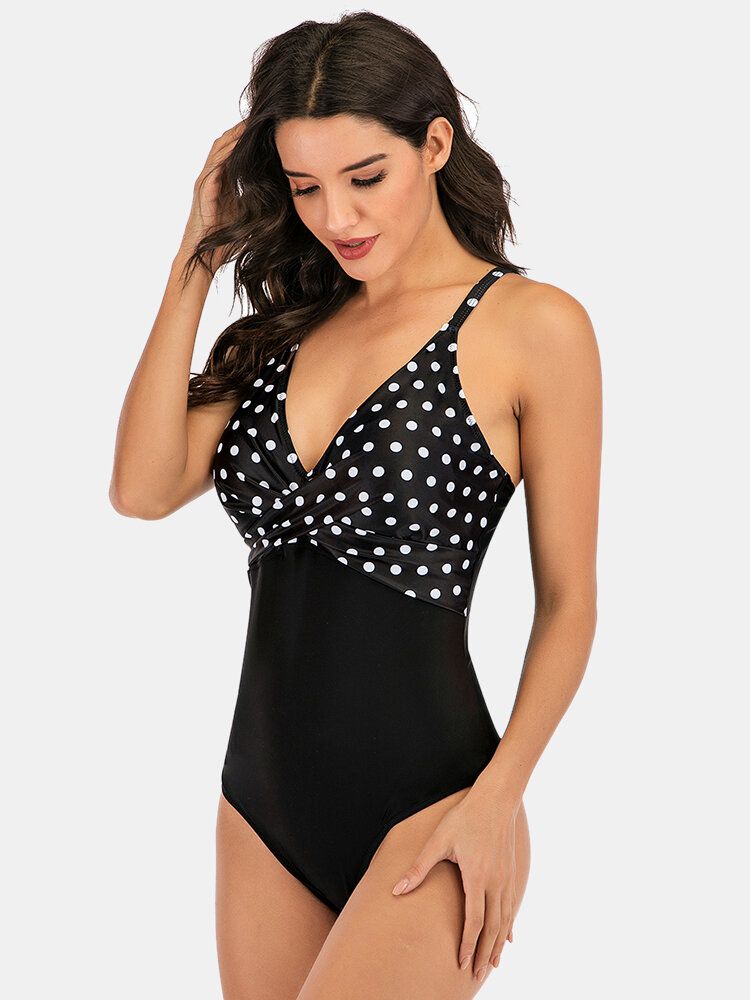 Plus Size Dam Polka Dot Print Splice Skinny Fit One Piece Badkläder