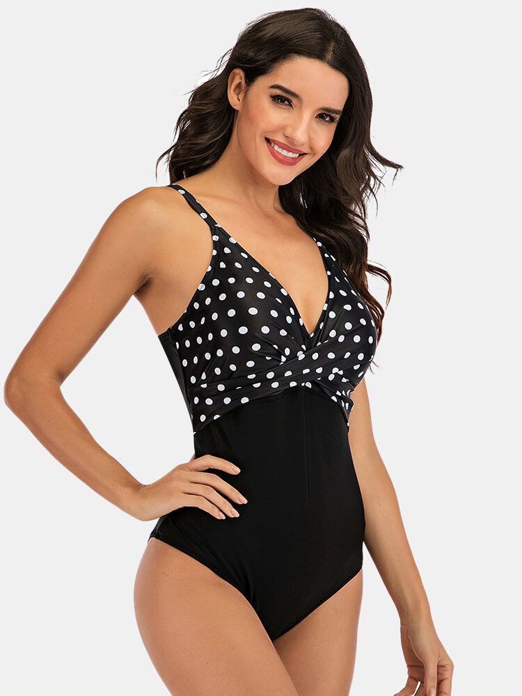 Plus Size Dam Polka Dot Print Splice Skinny Fit One Piece Badkläder