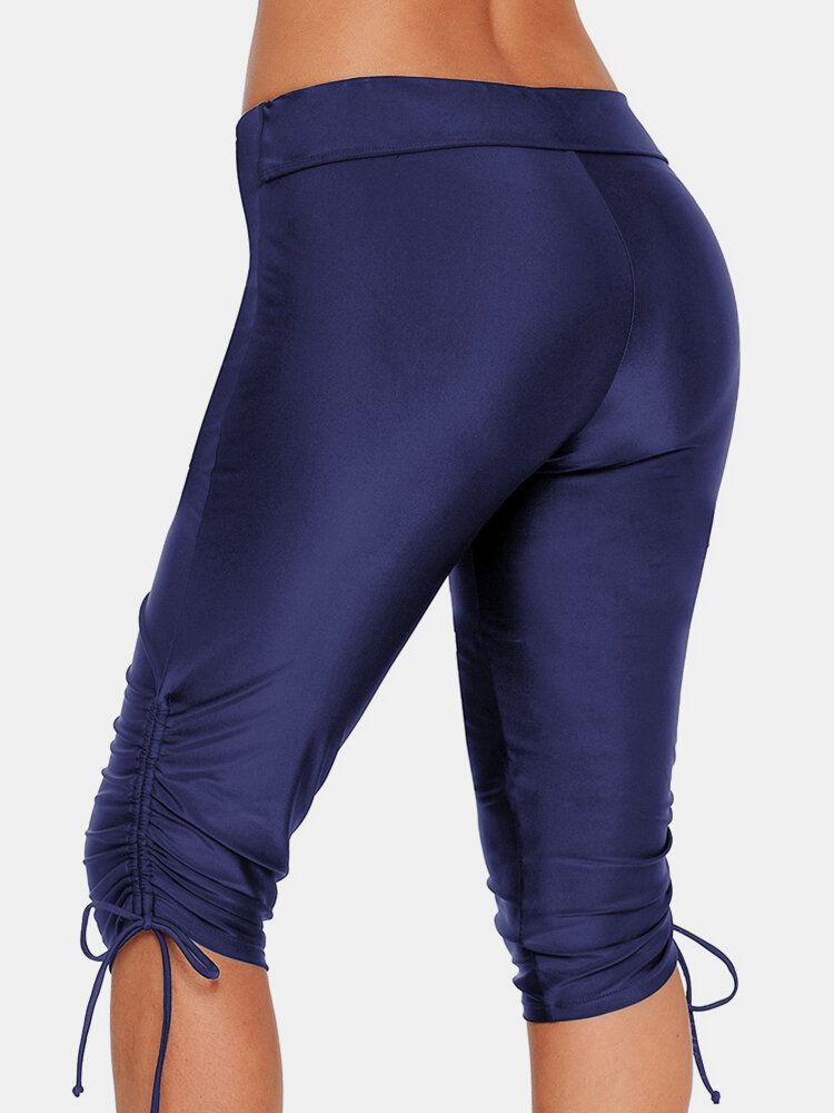 Plus Size Damer Enfärgad Sida Dragsko Mid Midja Sport Simshorts