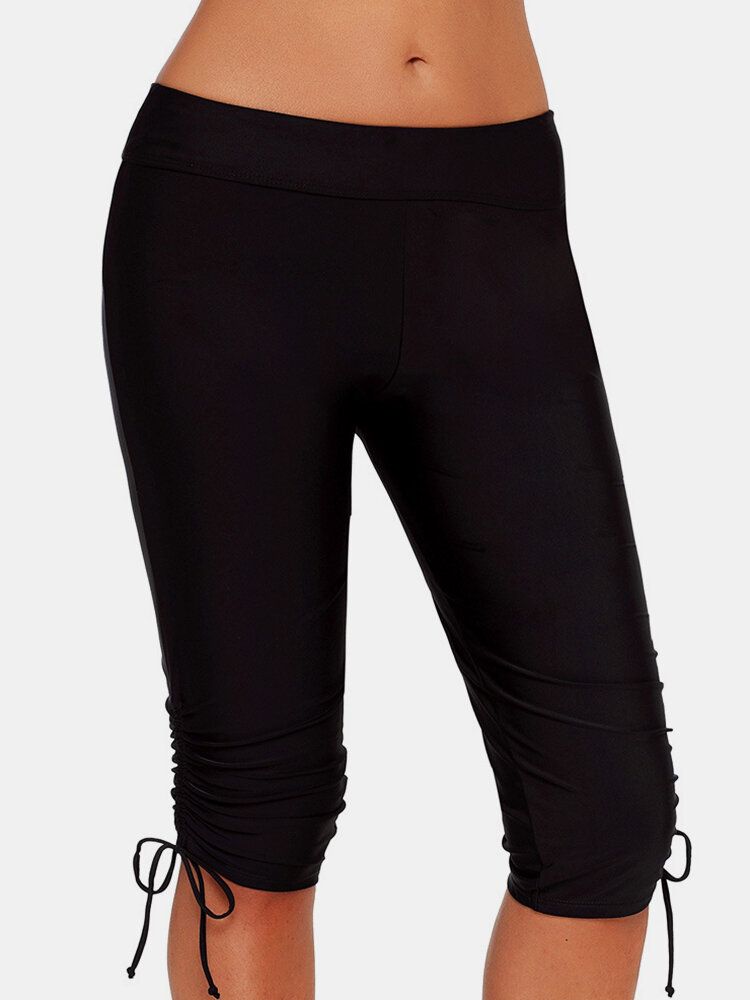 Plus Size Damer Enfärgad Sida Dragsko Mid Midja Sport Simshorts