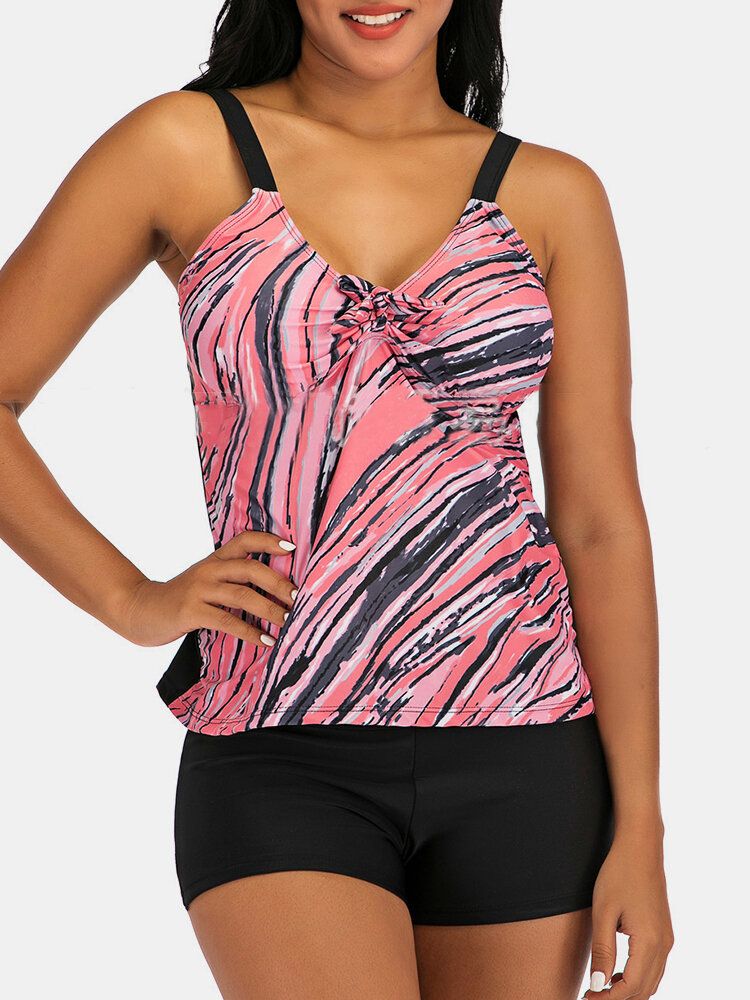 Plus Size Damer Färgglada Stripe Print Tie Front Trådlös Strappy Tankinis Baddräkt