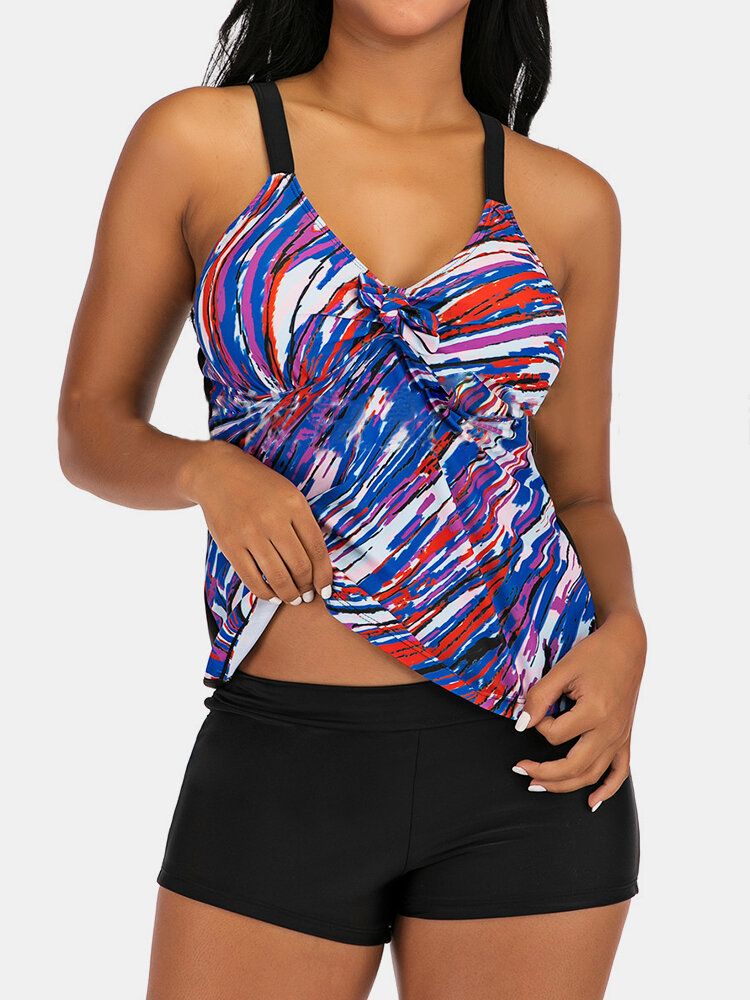 Plus Size Damer Färgglada Stripe Print Tie Front Trådlös Strappy Tankinis Baddräkt