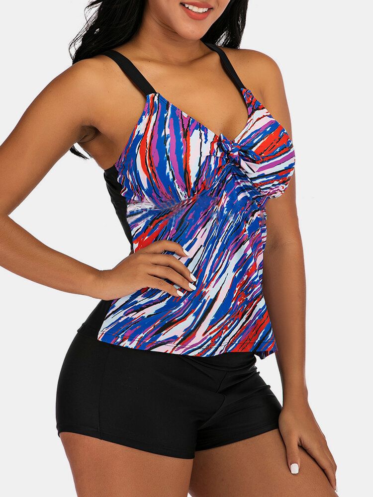 Plus Size Damer Färgglada Stripe Print Tie Front Trådlös Strappy Tankinis Baddräkt