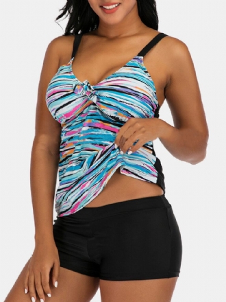 Plus Size Damer Färgglada Stripe Print Tie Front Trådlös Strappy Tankinis Baddräkt