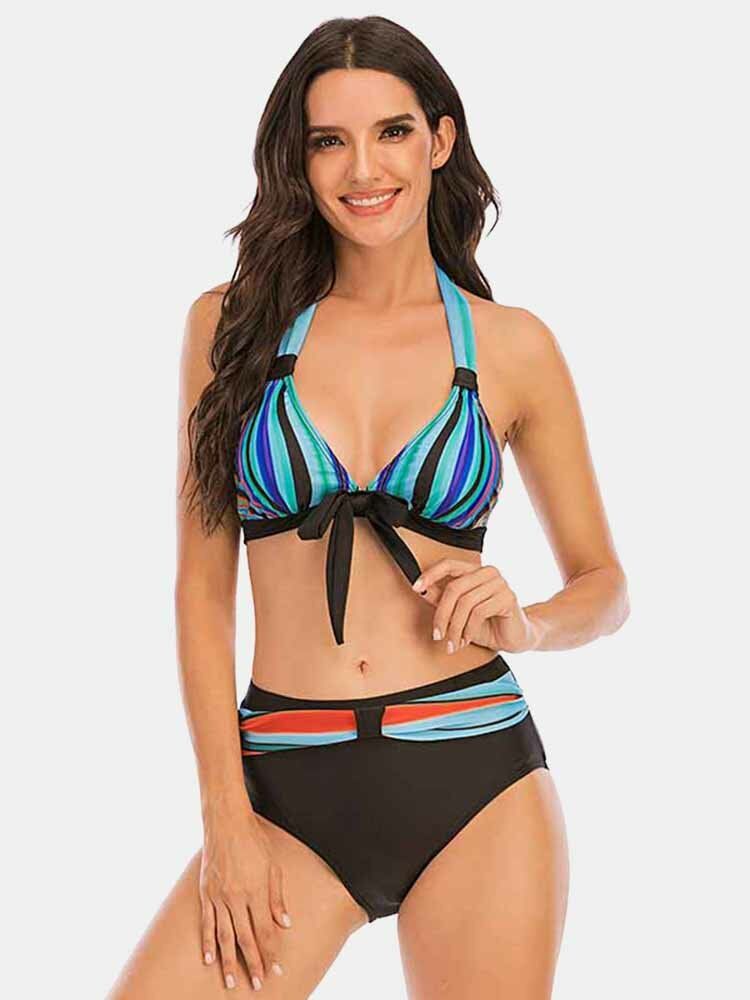 Plus Size Damer Färgglada Stripe Slips Fram Grimma Baklösa Bikinis Badkläder