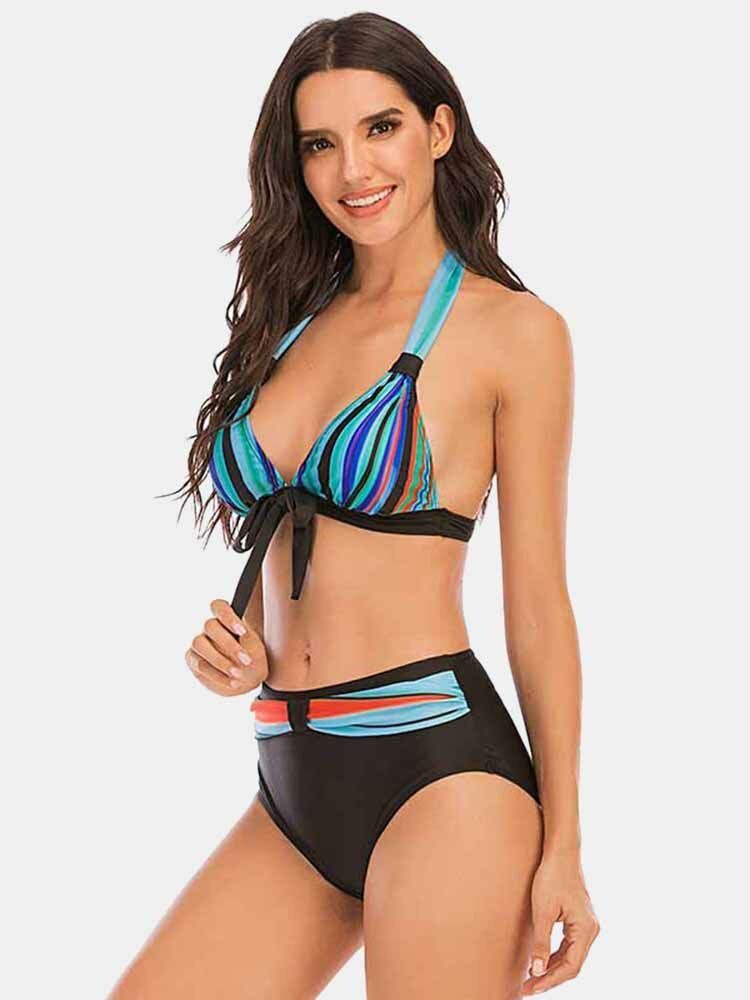 Plus Size Damer Färgglada Stripe Slips Fram Grimma Baklösa Bikinis Badkläder