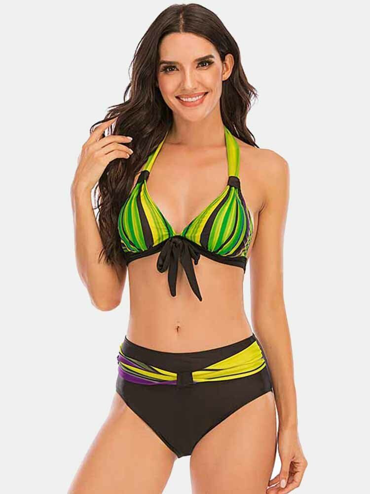 Plus Size Damer Färgglada Stripe Slips Fram Grimma Baklösa Bikinis Badkläder