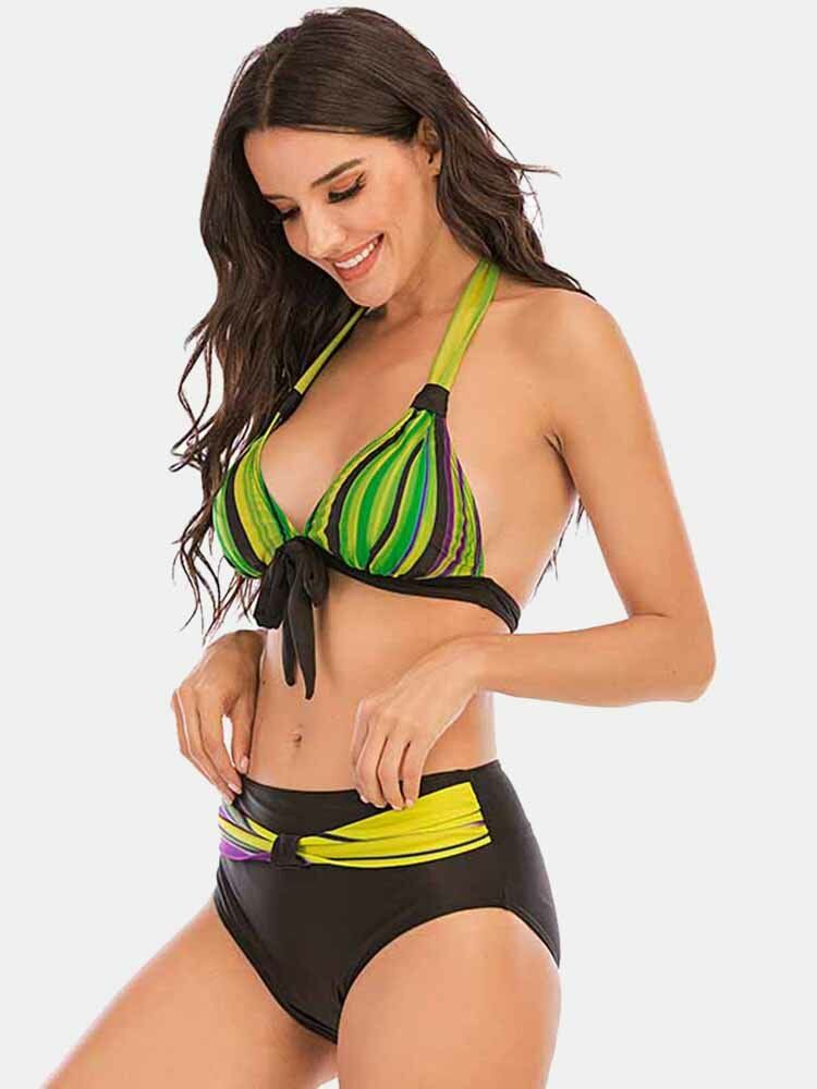 Plus Size Damer Färgglada Stripe Slips Fram Grimma Baklösa Bikinis Badkläder