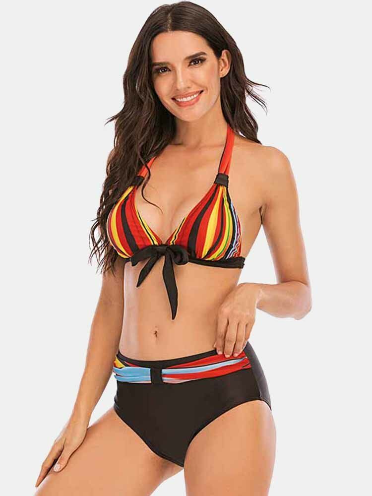 Plus Size Damer Färgglada Stripe Slips Fram Grimma Baklösa Bikinis Badkläder